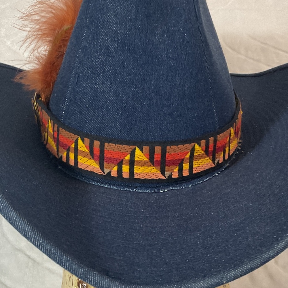 Denim Cowboy Hat with Colorful indigenous style Band and Orange Feather cowboy